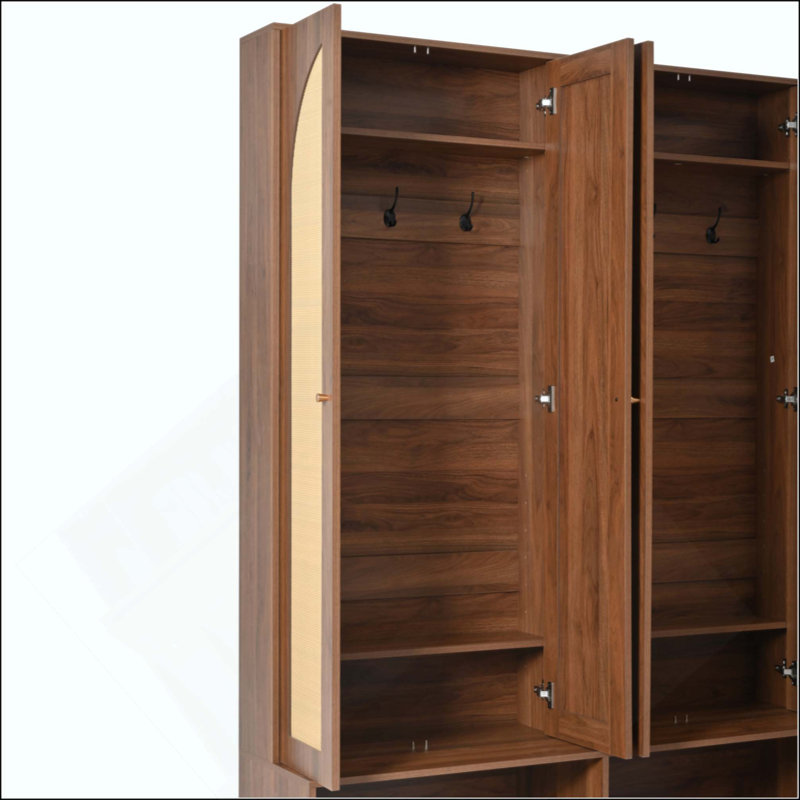 Farmhouse Hall Tree With Rattan Doors, Versatile 4-In-1 Seating Bench With 6 Hooks, Mid-Century Entryway Shoe Cabinet With Shelf For Living Room