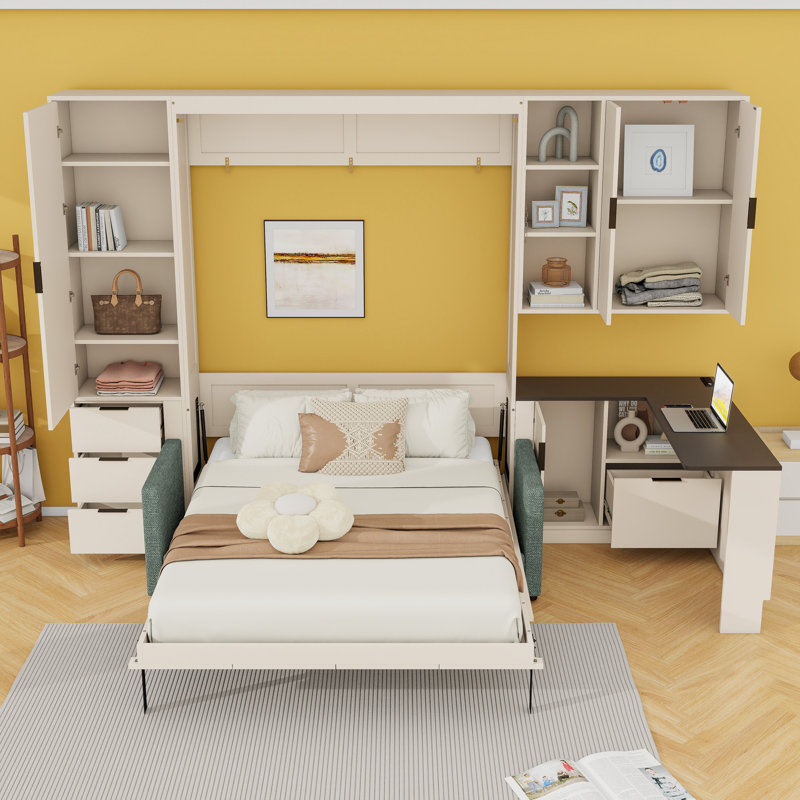 Grand lit escamotable avec canapé, tablettes de rangement et configuration de bureau, Crème