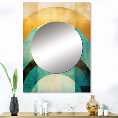 Norihito émeraude et arches dorées III - grand miroir mural de formes abstraites, miroir doré unique, impression sur métal