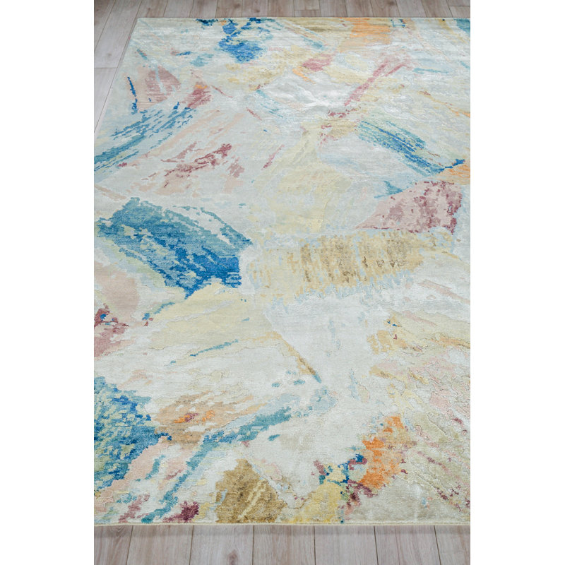 Exquisite Rugs Floor Art Hand-Knotted Bamboo Silk Silver/Blush Area Rug, Rectangle 4' x 6'