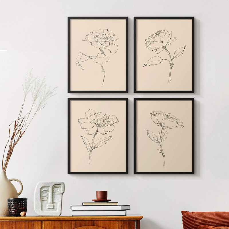 «Floral Contour Study I», ensemble de 4 encadrées, Noir, H 28 po x l 22 po