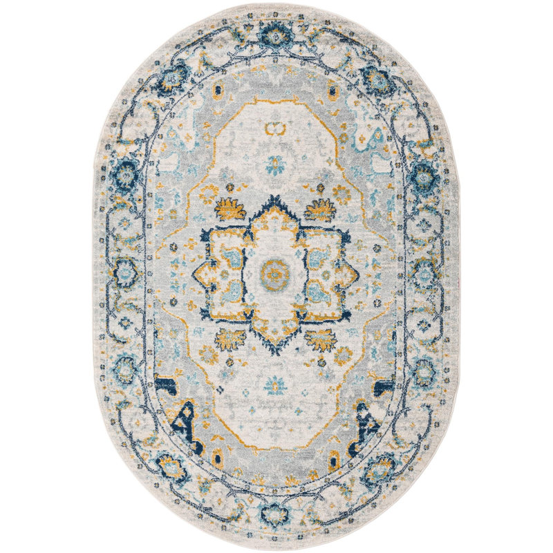 Tapis gris en polypropylène tissé à la machine Ikat, Ovale 5 pi 3 po x 8 pi