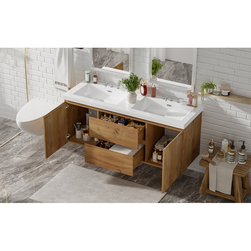 Meuble-lavabo double 59,3 po avec comptoir en SMC, armoire en panneau de fibres à densité moyenne, portes à fermeture en douceur, tiroirs divisés et meuble-lavabo mural moderne pour les grandes salles de bain