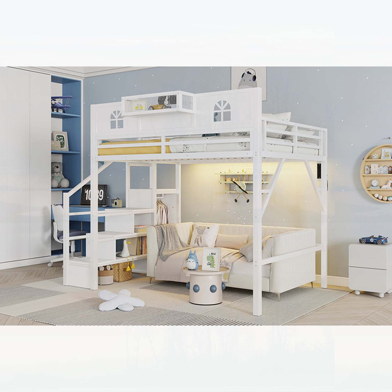 Grand lit mezzanine en métal avec escalier et garde-corps en forme de maison, garde-robe et éclairage à DEL, idéal pour les enfants et les adolescents