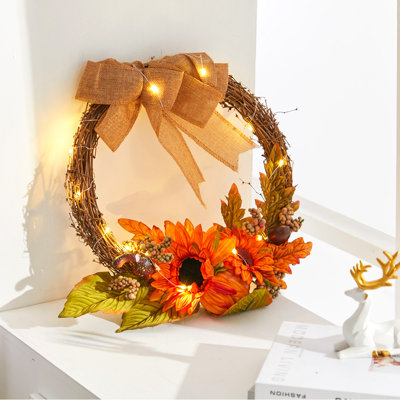 35 cm Lighted Mixed Assortment and Sunflower Plastic Artificial Wreath