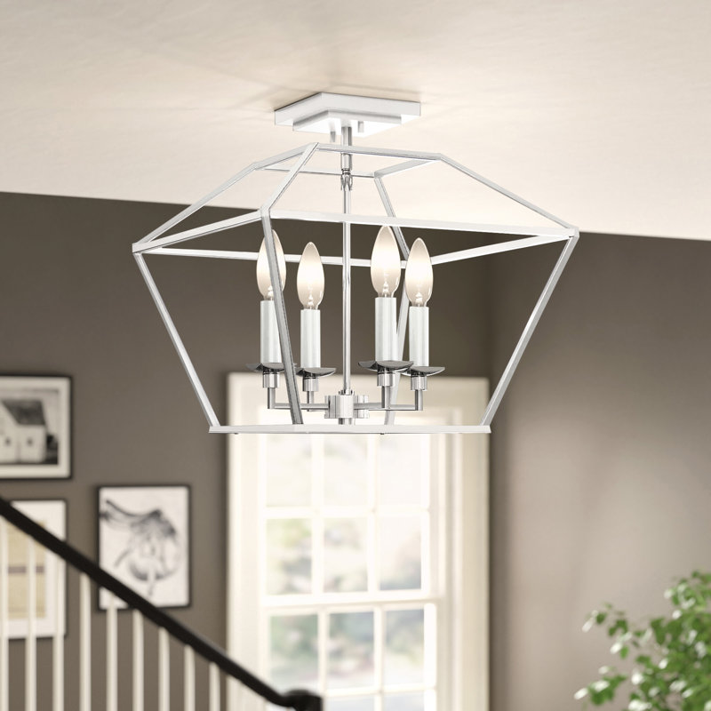 Plafonnier semi-encastré à 4 lumières géométriques 14 "avec lanterne Addyson, Nickel poli