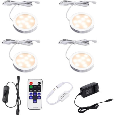 LED Cabinet Light Set of 4 with Remote Control – 10-Level Dimmable Under Cabinet Lighting, Slim Aluminum Design with 12V Adapter, Wide Beam, for Kitchen Bookshelf Showcase Wine Cabinet Dresser