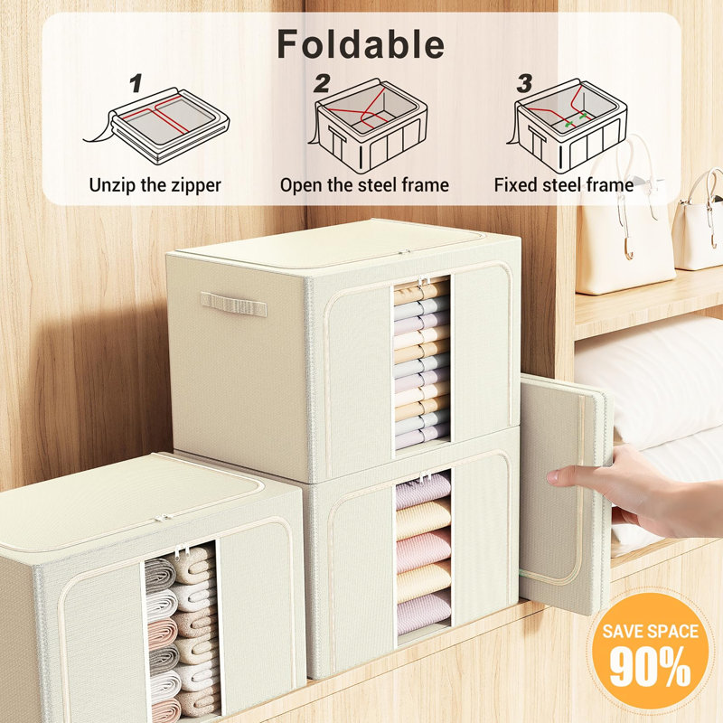 Ensemble de 3 boîtes de rangement pliables de 66 L avec cadre en métal pour draps, couvertures, oreillers, serviettes, Beige