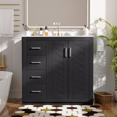 Ensemble de meuble-lavabo de salle de bain avec lavabo en céramique, armoire de rangement à cadre en bois massif, ensemble autoportant, 3 tiroirs + portes à fermeture douce