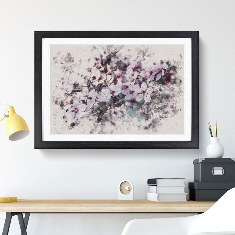 Pink Cherry Blossom Flowers Vol.8 - Picture Frame Graphic Art, 27cm H x 36cm W x 2cm D, Black Framed