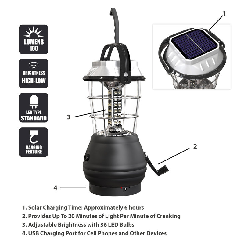 Black Solar Powered LED Camping Lantern with Hand Crank