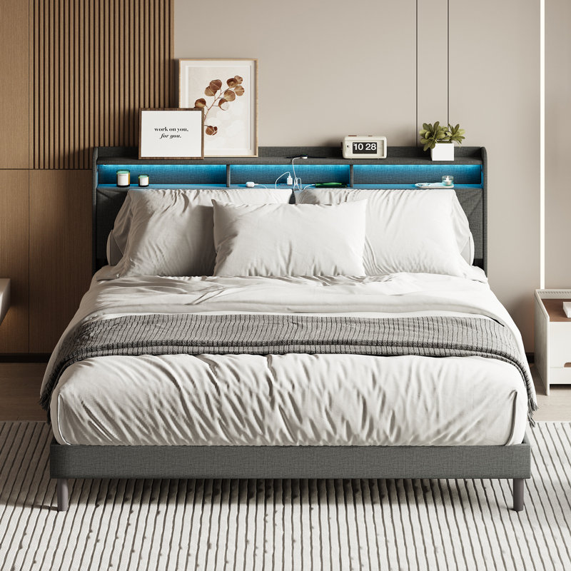 Modern Upholstered Platform Bed Frame with LED Light Headboard, Sturdy Metal & Wood Slat Support – Twin/Full/Queen Size, Dark Gray Fabric