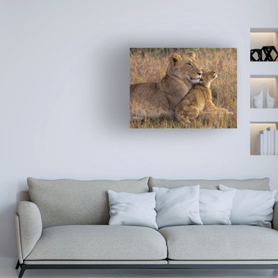 Art mural sur toile tendue - «Baby Lion With Mother» par Henry Jager pour décoration de salon, de chambre à coucher ou de bureau - 24 x 32