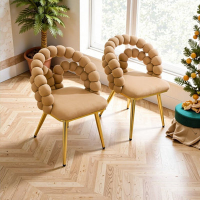 Chaise de salle à manger moderne en velours avec dossier à bulles et pieds en métal doré, ensemble de 2