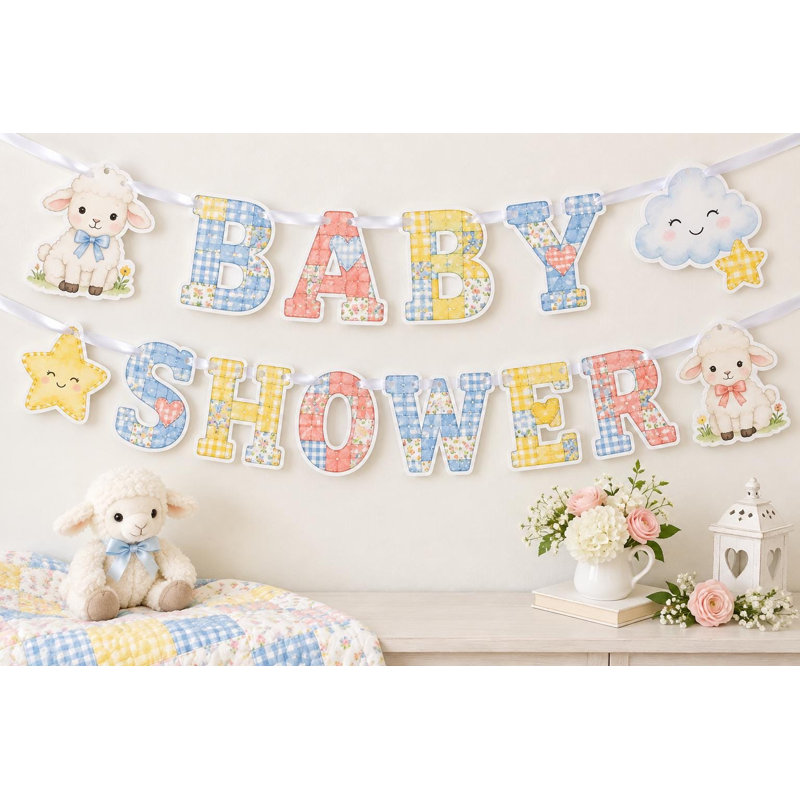 Bannière en patchwork « Petit agneau » pour fête prénatale, guirlande matelassée « Moutons, nuages, étoiles », décoration de fête pour chambre d'enfant en carton