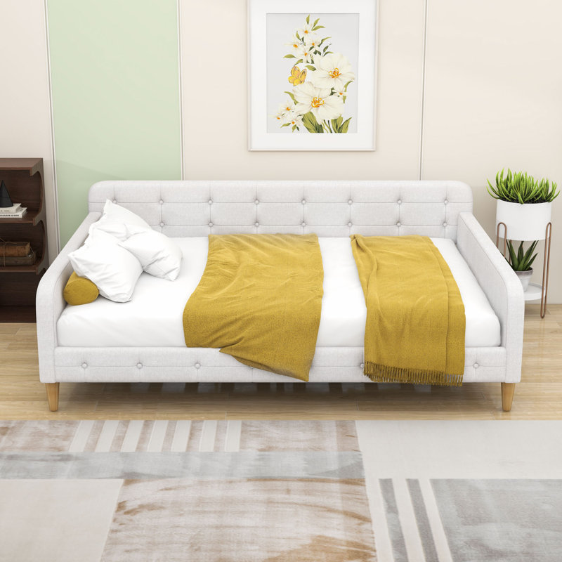 Élégant grand lit de jour rembourré en lin capitonné, Beige