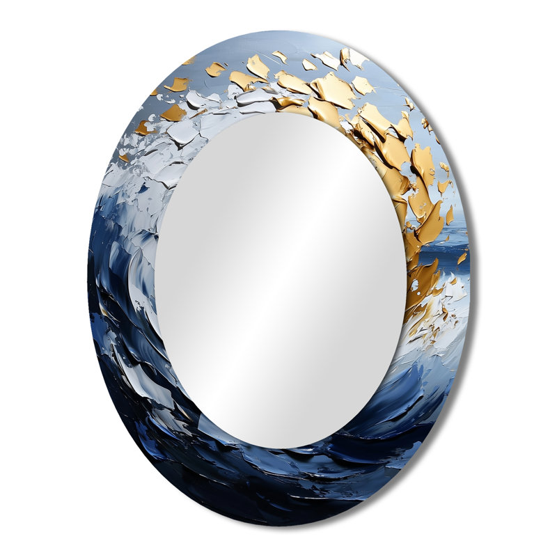 Miroir décoratif abstrait ovale doré et bleu Turbulent Waters II, 43 po x 33 po