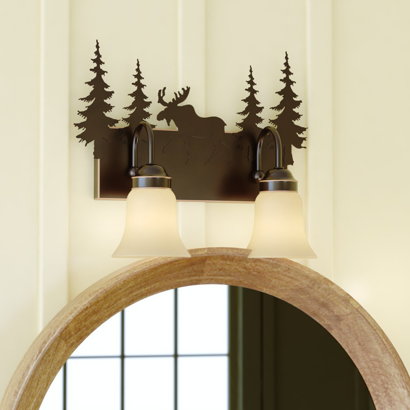 Jensen 2-Light 16.75 inch Wide Burnished Bronze Rustic Cabin Bathroom Vanity Lighting Fixture, Amber Flake Glass Shade, Moose, Trees, Dimmable LED Compatible Over the Mirror Wall Mounted