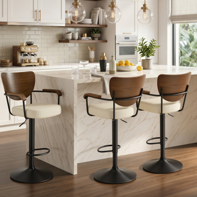 Alwin 360° Swivel Upholstered Bar Stool, Set Of 3, Adjustable Height Counter Stools With Wood Back