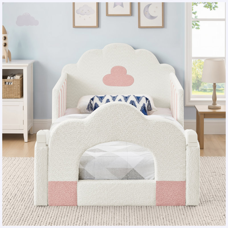 Lit double Cloud avec barrière de sécurité, cadre en bois massif, tissu bouclé, gris, Blanc