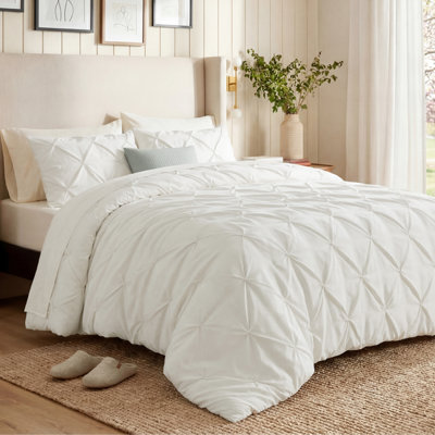 Bedsure King Pintuck Bed-in-a-Bag- Ivory Pinch Pleat Comforter with Sheets, Pillowcases & Shams