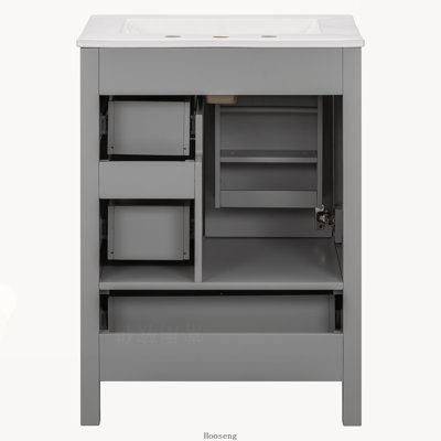 Meuble-lavabo moderne de 61 cm (24 pouces) avec lavabo en céramique, porte à fermeture douce, tablette double couche et 3 tiroirs.
