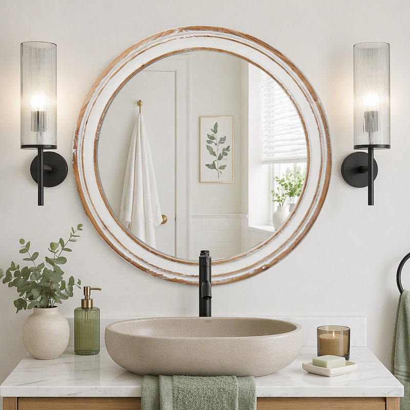 Wooden Farmhouse Round Wall Mirror for Bathroom Vanity, 31.5" x 31.5"