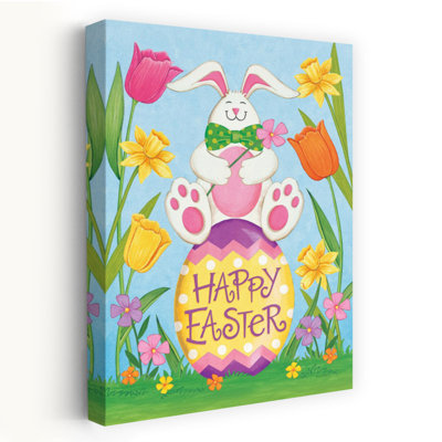 Joyeuses Pâques, lapin fantaisiste, jonquille et tulipe