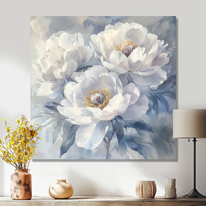 Fleurs givrées monochromes de pivoines I - pivoines, art mural, H 30 po x l 30 po, Toile tendue, Ne s’applique pas