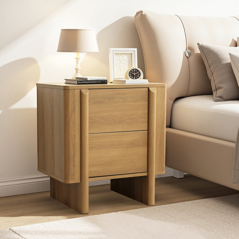 23.5" H Mid Century Modern Oak Nightstand with Drawers, Wood Bedside Table