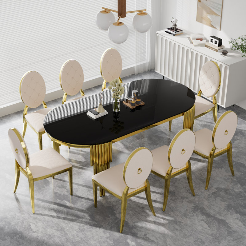 Ensemble de table de salle à manger rectangulaire en verre trempé avec chaise Luxtury, Beige, 9