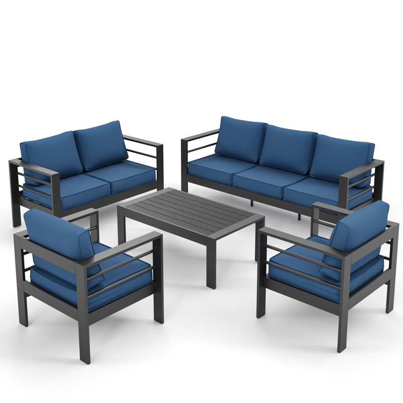 Ensemble de conversation d'extérieur 7 personnes avec coussins Braecona, Structure gris foncé / coussin bleu
