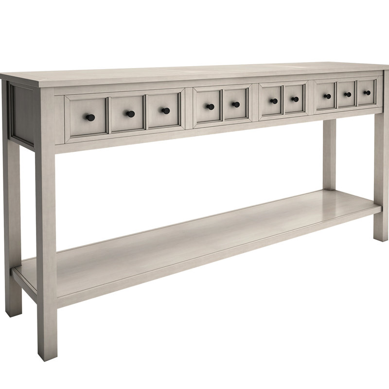 Table rustique, 60 po. Gris délavé. Deux tiroirs et une tablette. Structure en bois massif. Console élégante pratique de 60 po avec tablette, bois de lavage pour la longévité