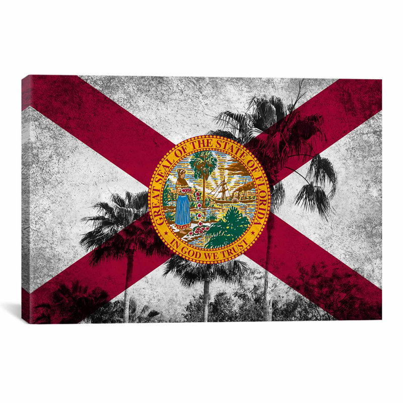 «Florida Flag, Grudge Palm Trees», impression sur toile, H 12 po x l 18 po x P 1,5 po, Toile tendue, Pas de tapis