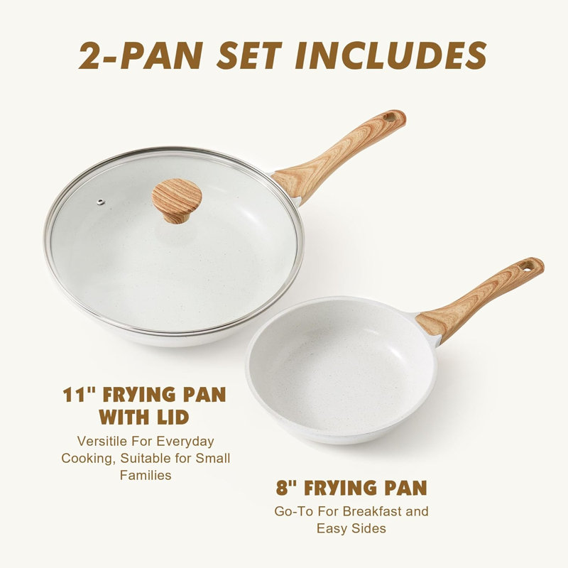 SENSARTE Ceramic 3-Piece Nonstick Fry Pan Set With Lid,8+11 Inch, Beige
