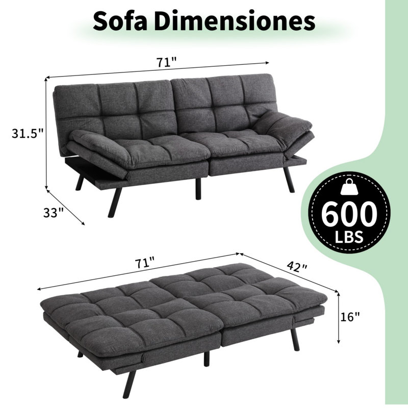 71" Couches For Living Room, Futon Sofa Bed With Foam And Adjust Backrest, Gray