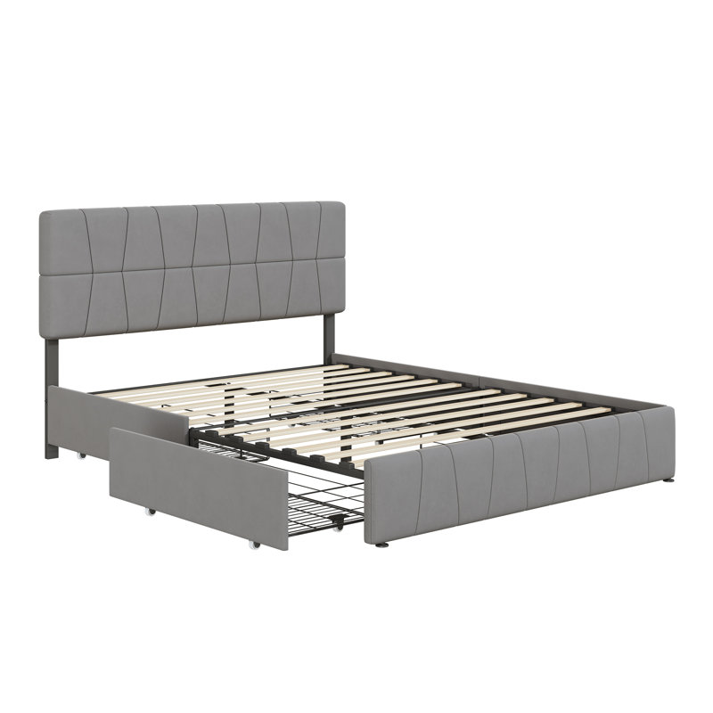 Light Grey Velvet Bed Frame 160x200 cm with 4 Storage Drawers, Upholstered Double Bed Frame, Modern Storage Bed with Wooden Slats