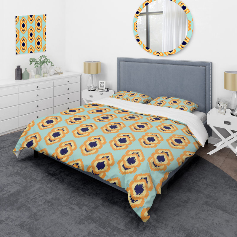 Yellow Ikat Ogee - Ensemble de housse de couette abstrait - Microfibre de polyester