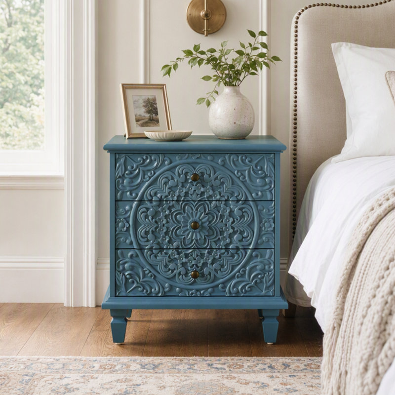 Commode 3 tiroirs, commode en bois sculpté Farmhouse, Bleu