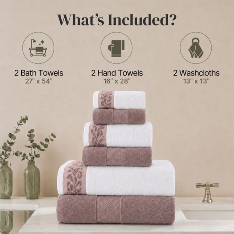 Modern Threads 600 GSM 6-Piece Towel Set with Filgree Jacquard Border, Dusty Rose