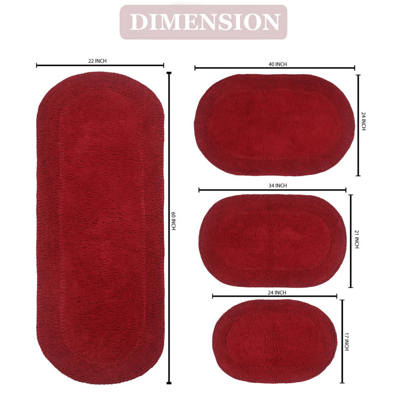 Eveland Runner 100% Cotton Non-Slip 4 Piece Bath Rug Set, Red
