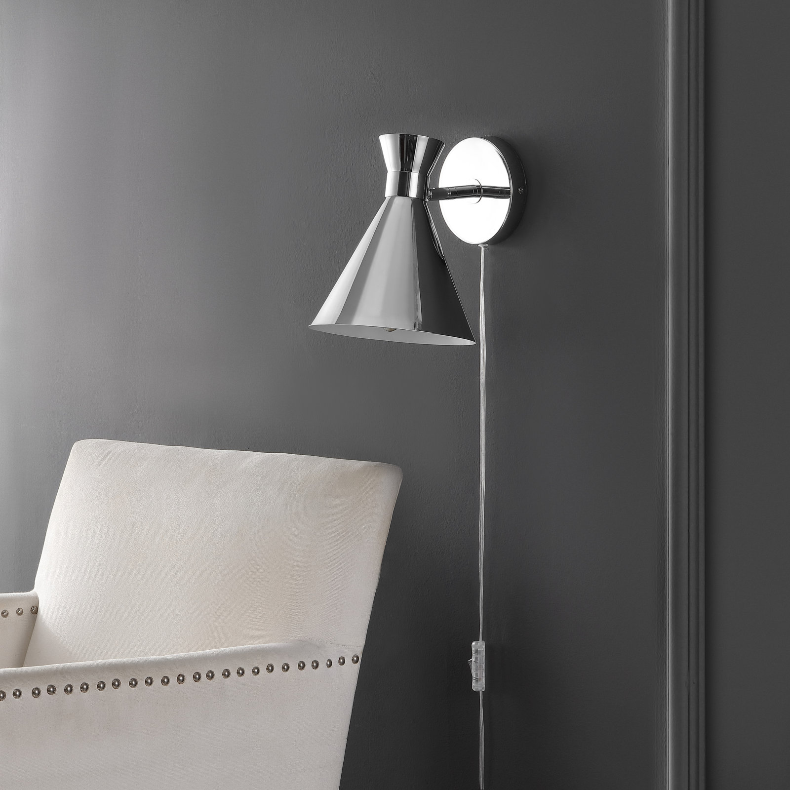 Puliafico Single Light Dimmable Plug-in Armed Sconce, Chrome