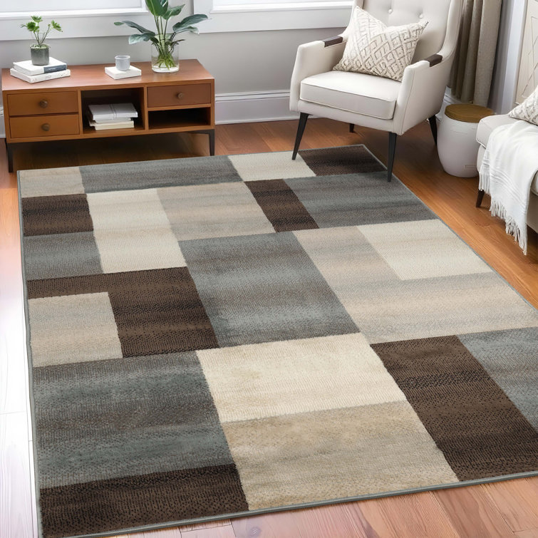 Benne Polypropylene Color Block Grey Beige Indoor Area Rug With Jute Backing