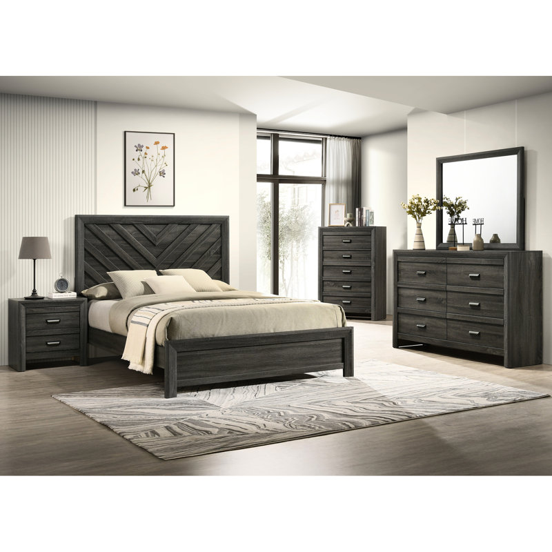 Cadre de lit très grand contemporain à finition grise rustique avec tête de lit à motif géométrique, incontournable de la chambre à coucher et décoration