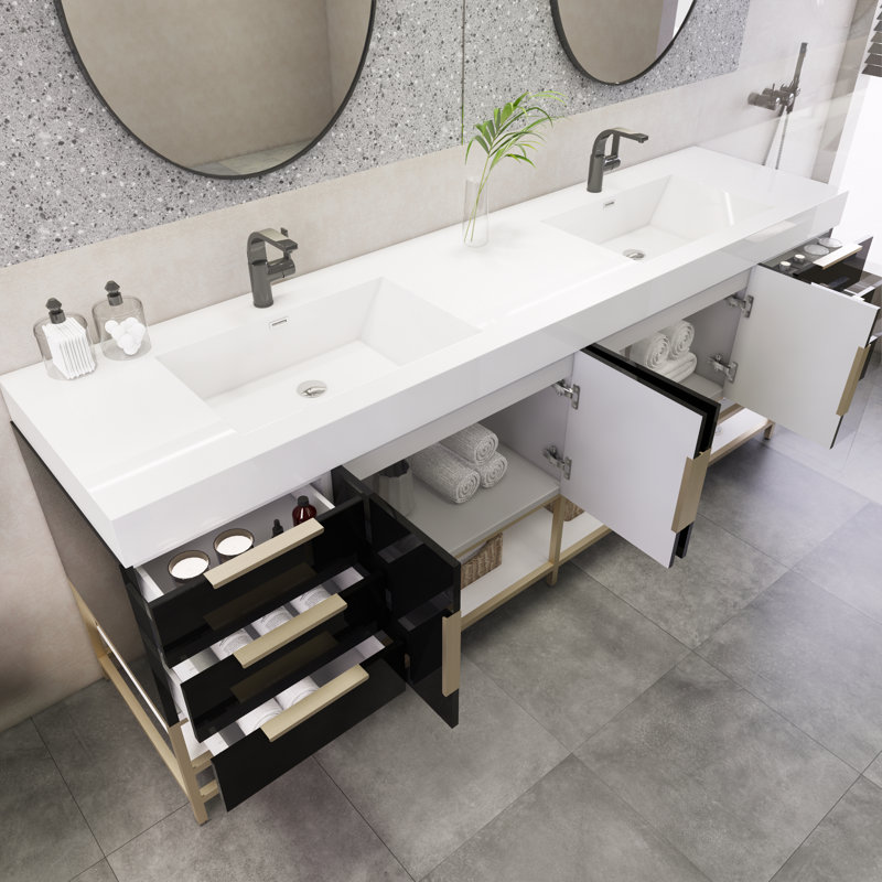 Meuble-lavabo double 83 po Marceia, Noir très lustré
