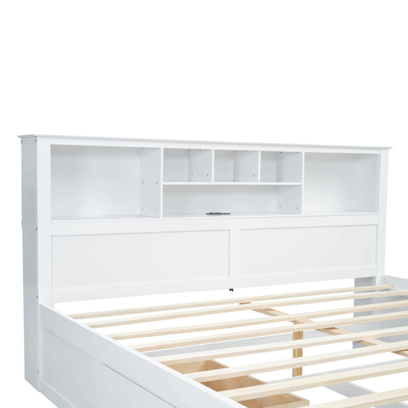 Lit plateforme très grand en bois avec tête de lit multi-rangement, USB et tiroirs, Blanc