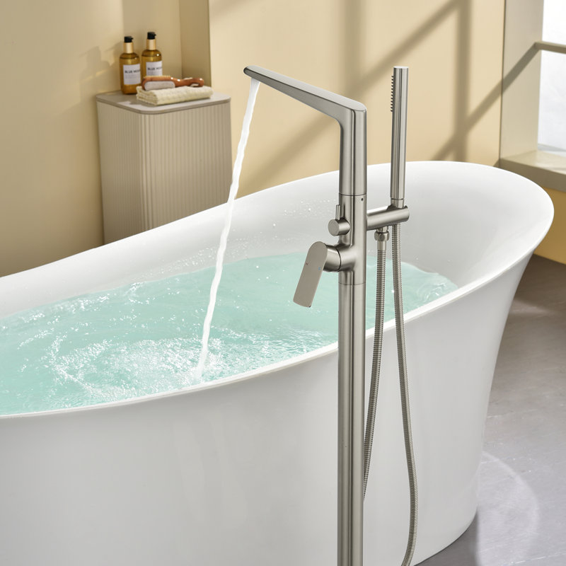 Waterfall Freestanding Bathtub Faucet Set Single Handle Floor Mount Tub Filler With Hand Free Standing Tub Faucet