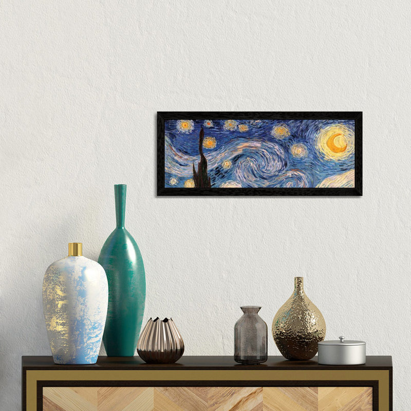 The Starry Night by Vincent Van Gogh - Panoramic Painting on Canvas, Black Floater Framed, 152.4 cm H x 50.8 cm W