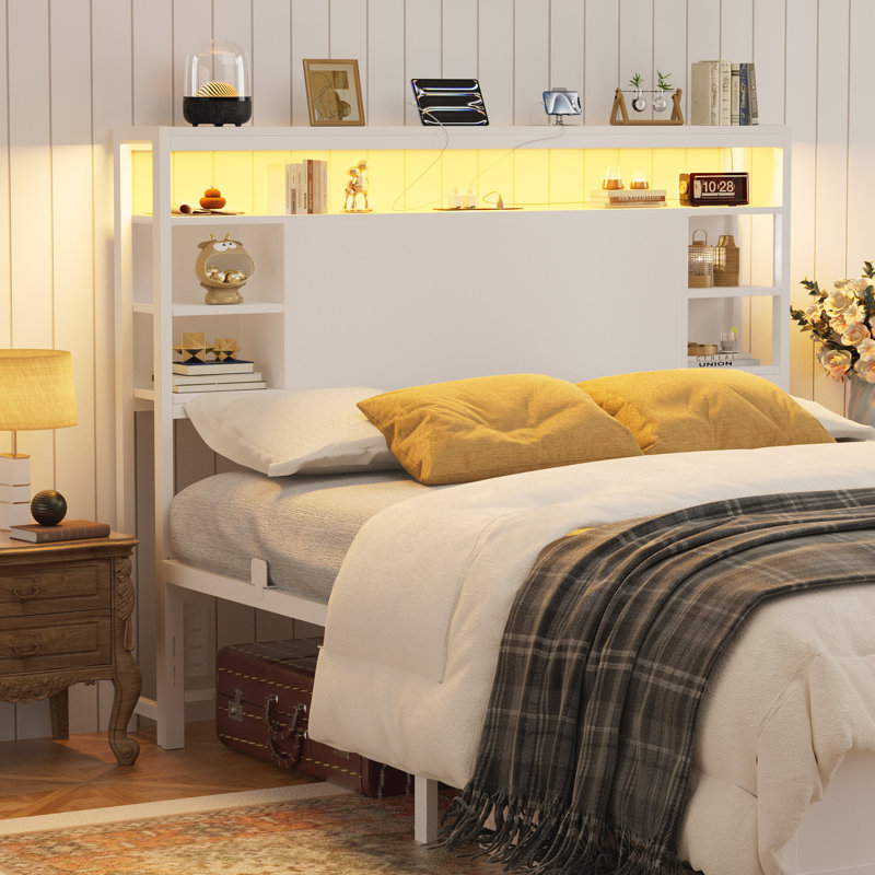 Wood Headboard with Led Lights & Charging Station, Full, White