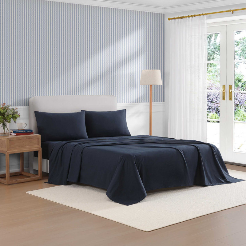 Ensemble de draps simples Tommy Hilfiger, Ensemble de draps pour grand lit avec 2 taies d'or, Bleu marine